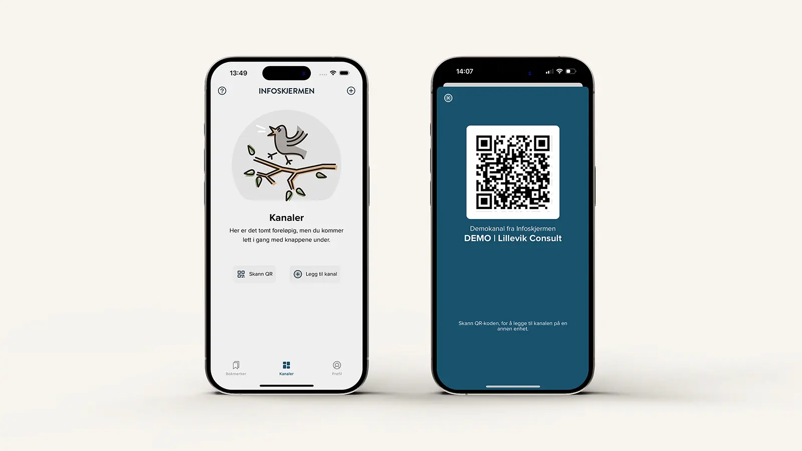 Grafikk med to mobiler med skjermbilder fra Go. Den ene viser QR-koden til den åpne demo-kanalen vår.