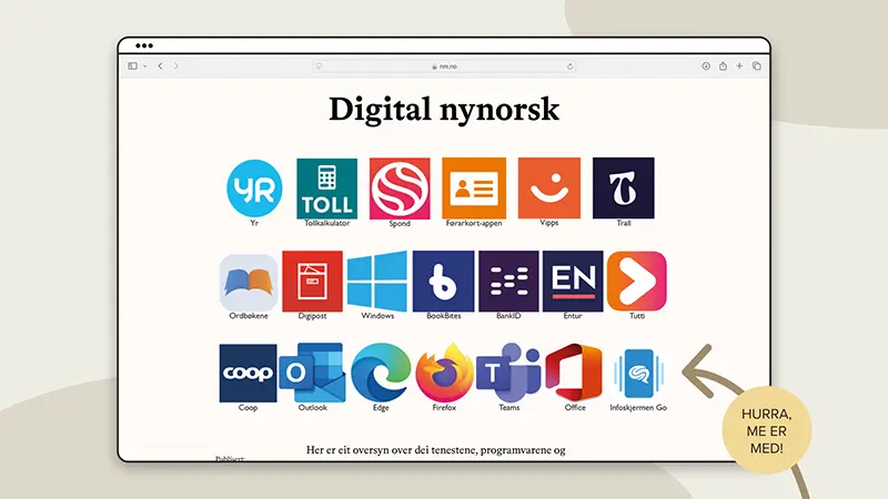 Skjermbilete som viser oppslaget og lista på nettstaden til Noregs Mållag, der Infoskjermen er med.