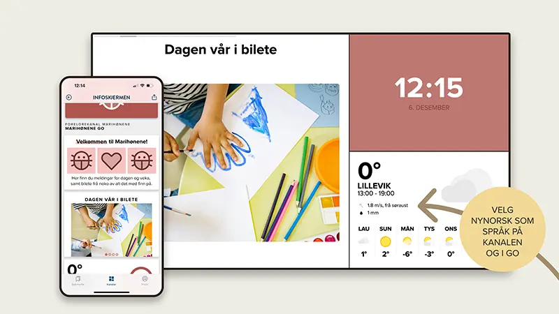 Grafikk som viser bilete av ein infoskjerm med nynorsk språk for kanalen, samt ein mobiltelefon med nynorsk i mobilappen Infoskjermen Go.