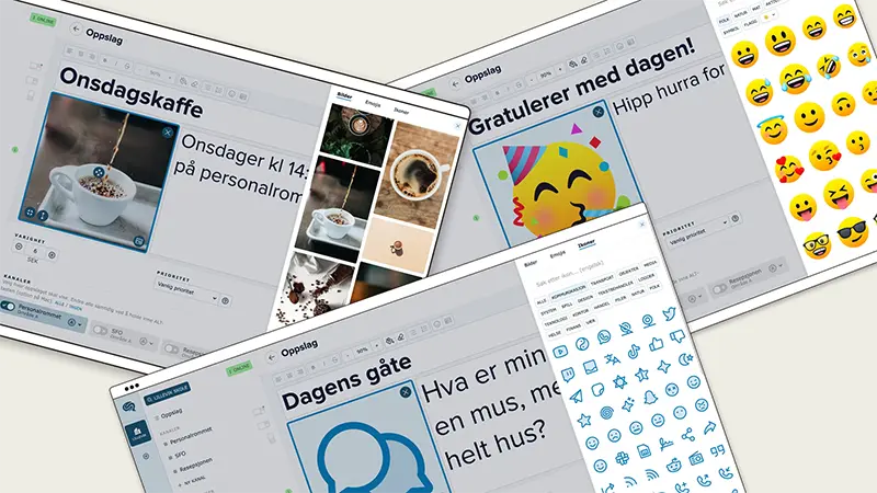 3 skjermbilder fra brukergrensesnittet til Infoskjermen som viser hvordan du lager oppslag med bilde fra Unsplash, oppslag med store emojier og oppslag med store ikoner.
