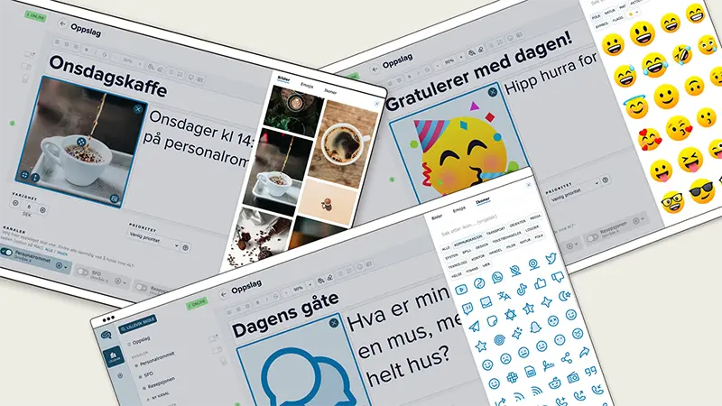 3 skjermbilder fra Infoskjermens brukergrensesnitt, som viser muligheter for å legge til bilder, emojier og ikoner.