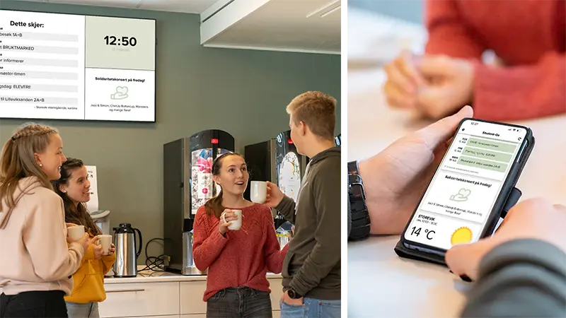 Skole-kantine med studenter. Kommende arrangement og hendelser viser i et kalender-oppslag på en infoskjerm og på en mobil.