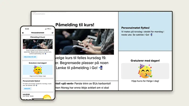 Infoskjerm og mobiltelefon som viser info om et kurs, om et personalmøte og en bursdagshilsen