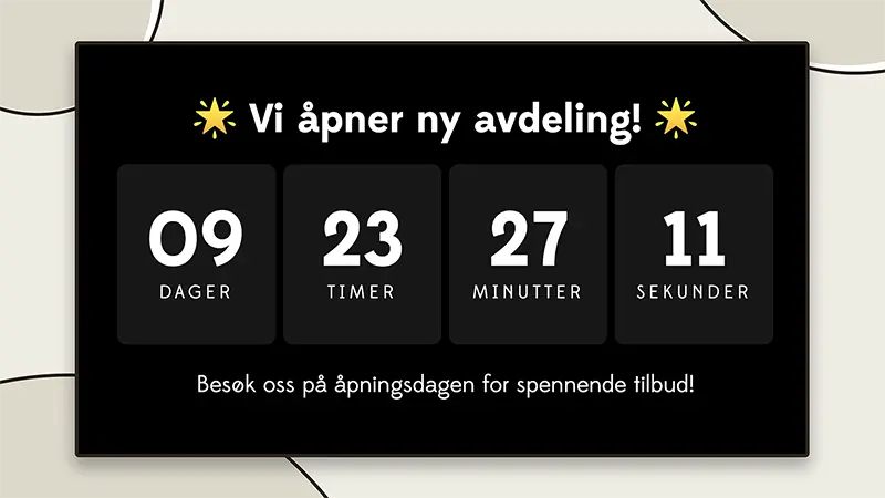Infoskjerm med en tidteller som viser hvor lenge det er igjen til åpning av ny avdeling.