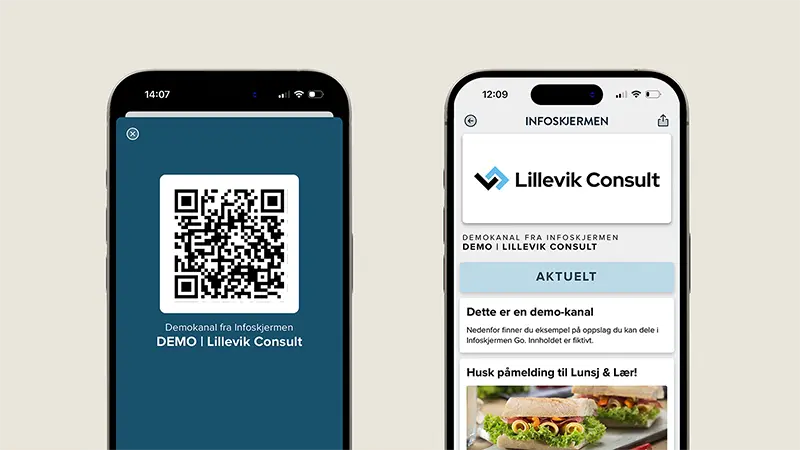 Grafikk med to mobiler med skjermbilder fra Go som viser QR-koden til den åpne demo-kanalen vår og et bilde fra selve kanalen.