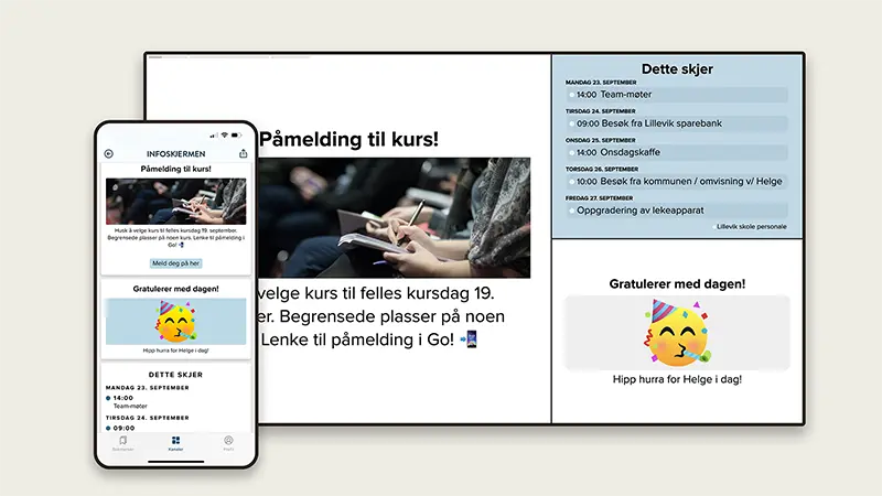 Grafikk med en Infoskjerm og en mobiltelefon med Go, som viser samme innhold.