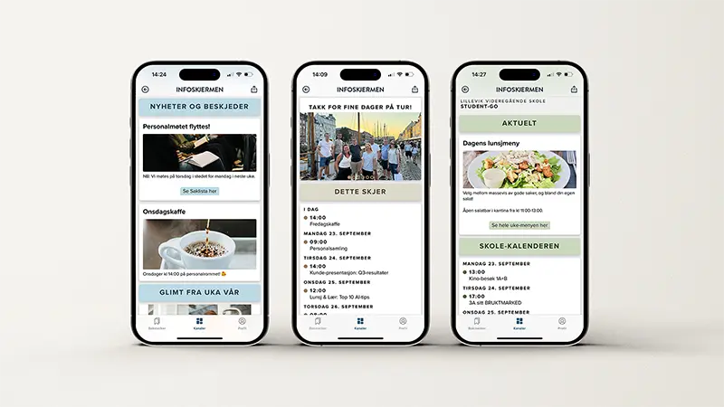 Grafikk som viser tre mobiltelefoner med skjermbilder fra Infoskjermen Go-appen.